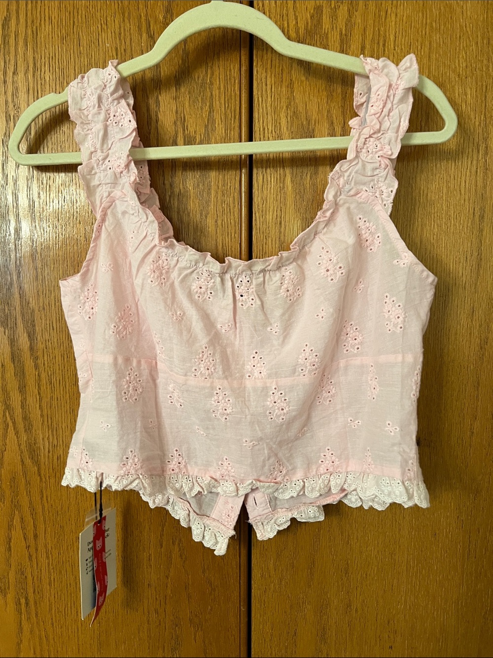 Cider Pale Pink Ruffle Eyelet Button Crop Top - Picture 4 of 4